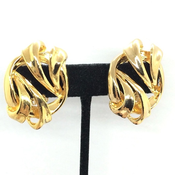3/$30 VINTAGE 80S 90S GOLD TONE CLIP ON EARRINGS ABSTRACT TWIST OVAL RUNWAY - Picture 5 of 11